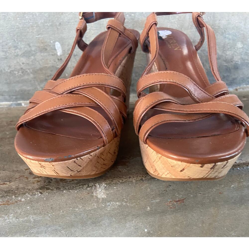 LAUREN Ralph Lauren brown slingback strappy cork wrapped platform wedge - Picture 6 of 8